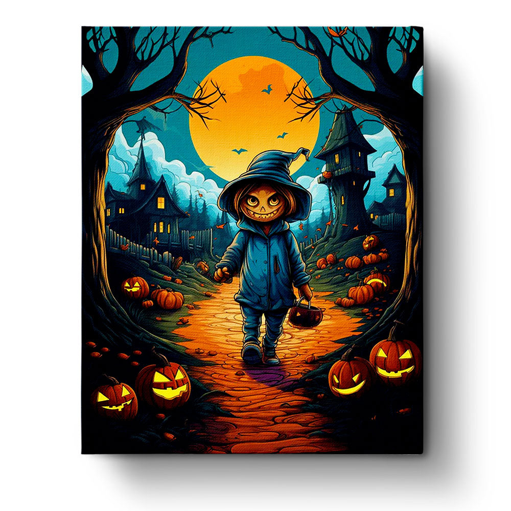Fixed paint by numbers kit, 24 colors, 16x20in. Spooky Halloween boy in vibrant scene. Ideal for relaxation and fun.