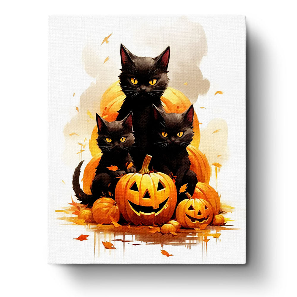 Fixed kit, 24 colors, 16x20in. Three black cats with pumpkins. A fun, mindful painting activity.