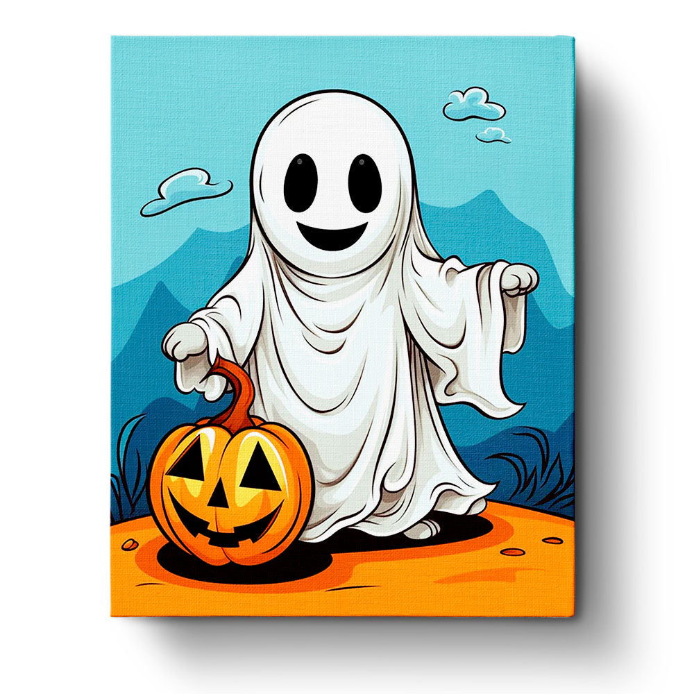 Fixed paint by numbers kit, 24 colors, 16x20in. Cute ghost with pumpkin. Relaxing and creative Halloween scene.