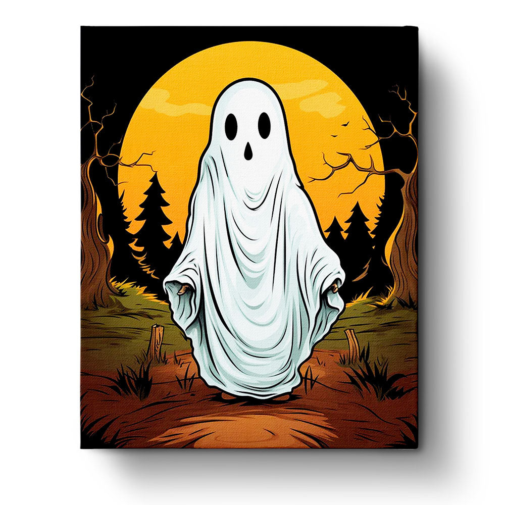 Fixed paint by numbers kit, 24 colors, 16x20in. Spooky ghost in bold strokes. Perfect for relaxation.