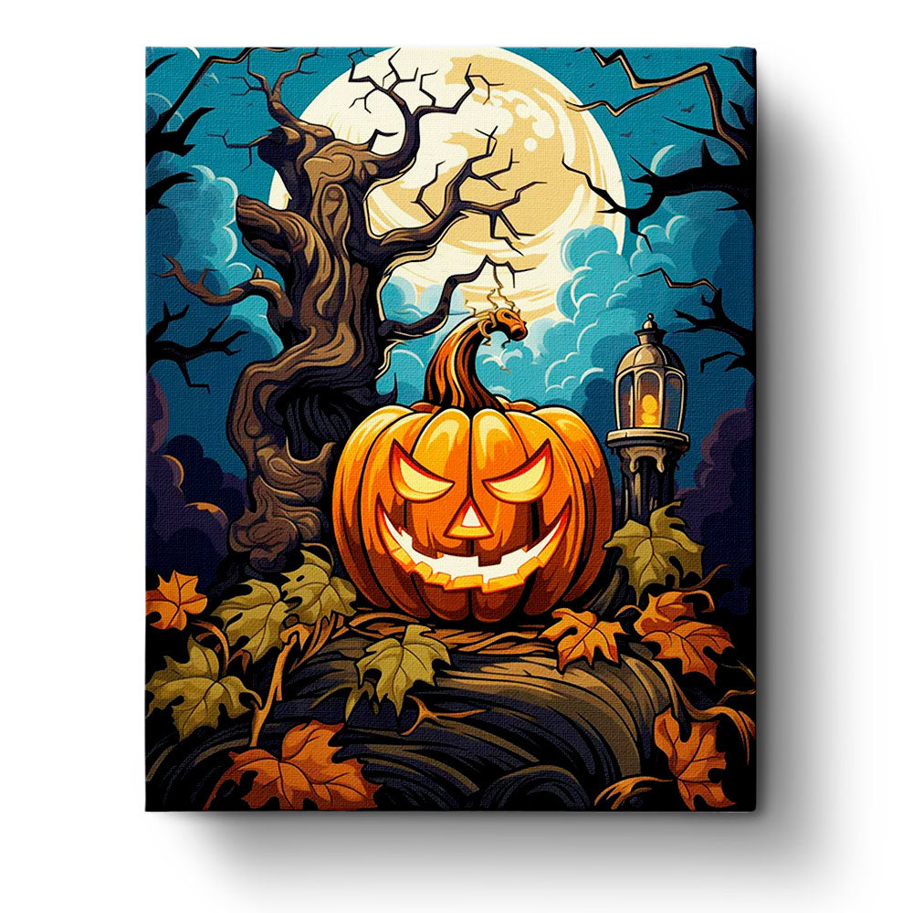 Fixed paint by numbers kit, 24 colors, 16x20in. Spooky pumpkin with moonlit background, perfect for Halloween art.