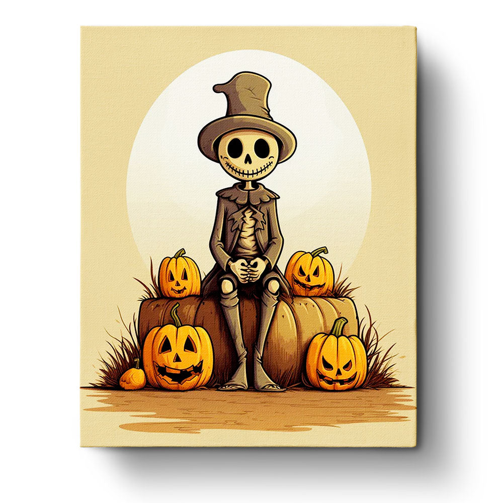 Fixed paint by numbers kit, 24 colors, 16x20in. Skeleton with pumpkins, perfect for Halloween fun.