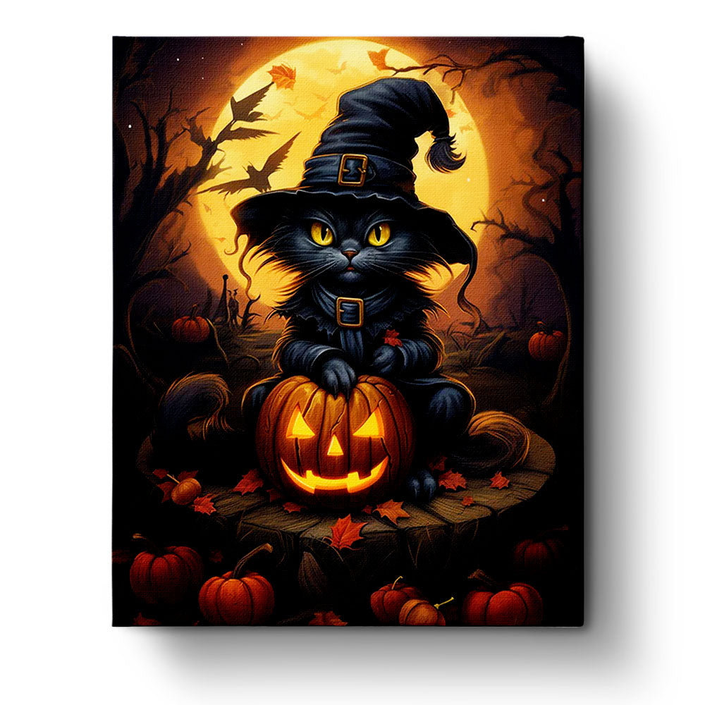 Fixed kit, 24 colors, 16x20in. Witch cat with pumpkin scene. Stress-relief and mindful painting with BestPaintByNumbers.