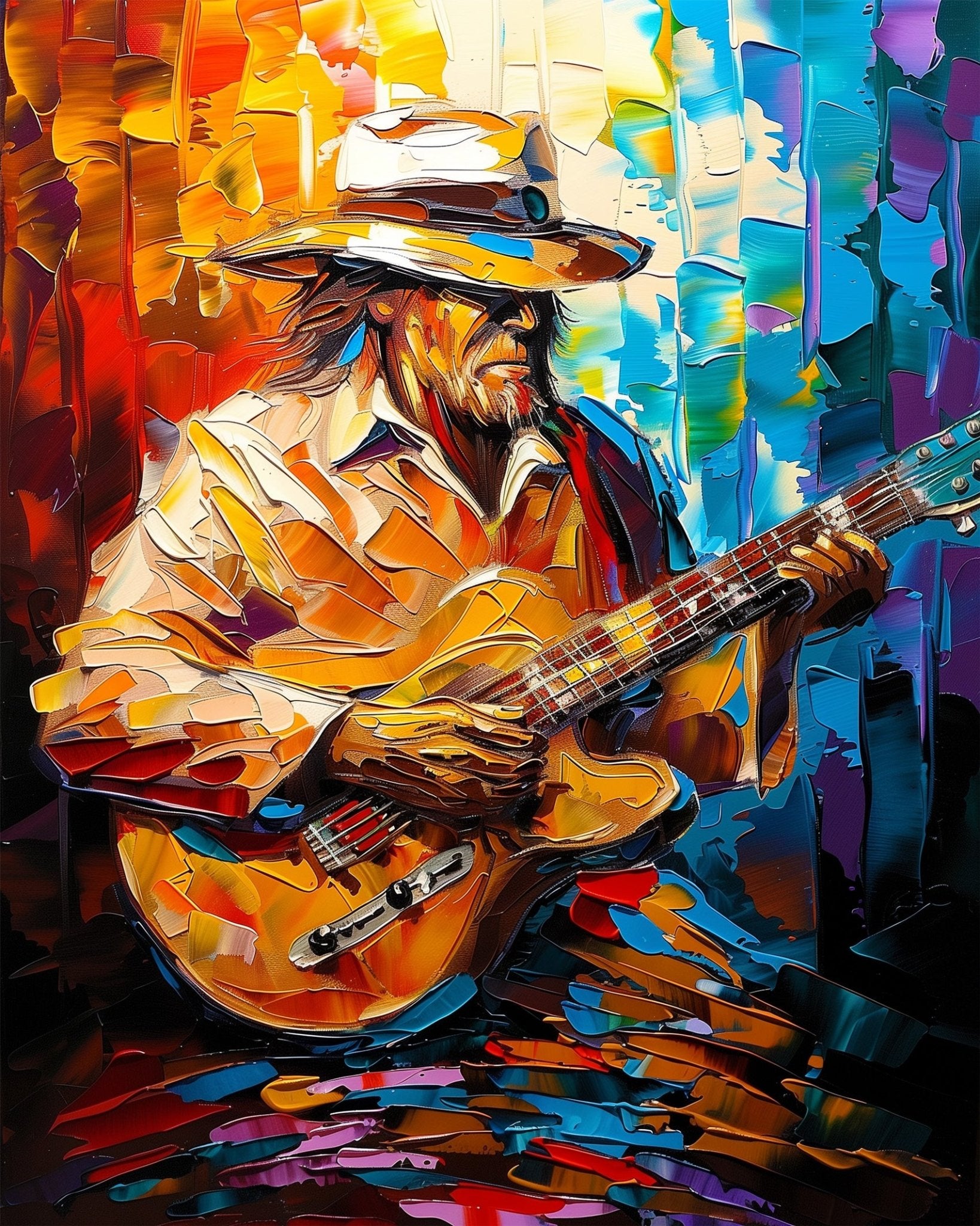 Fixed kit, 24 colors. Energetic guitarist art with vibrant hues. Enjoy a mindful painting journey.