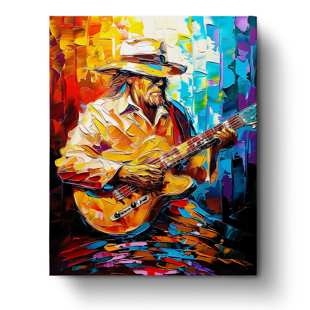 Fixed paint by number kit, 24 colors. Vibrant guitarist in bold strokes. A calming creative escape.