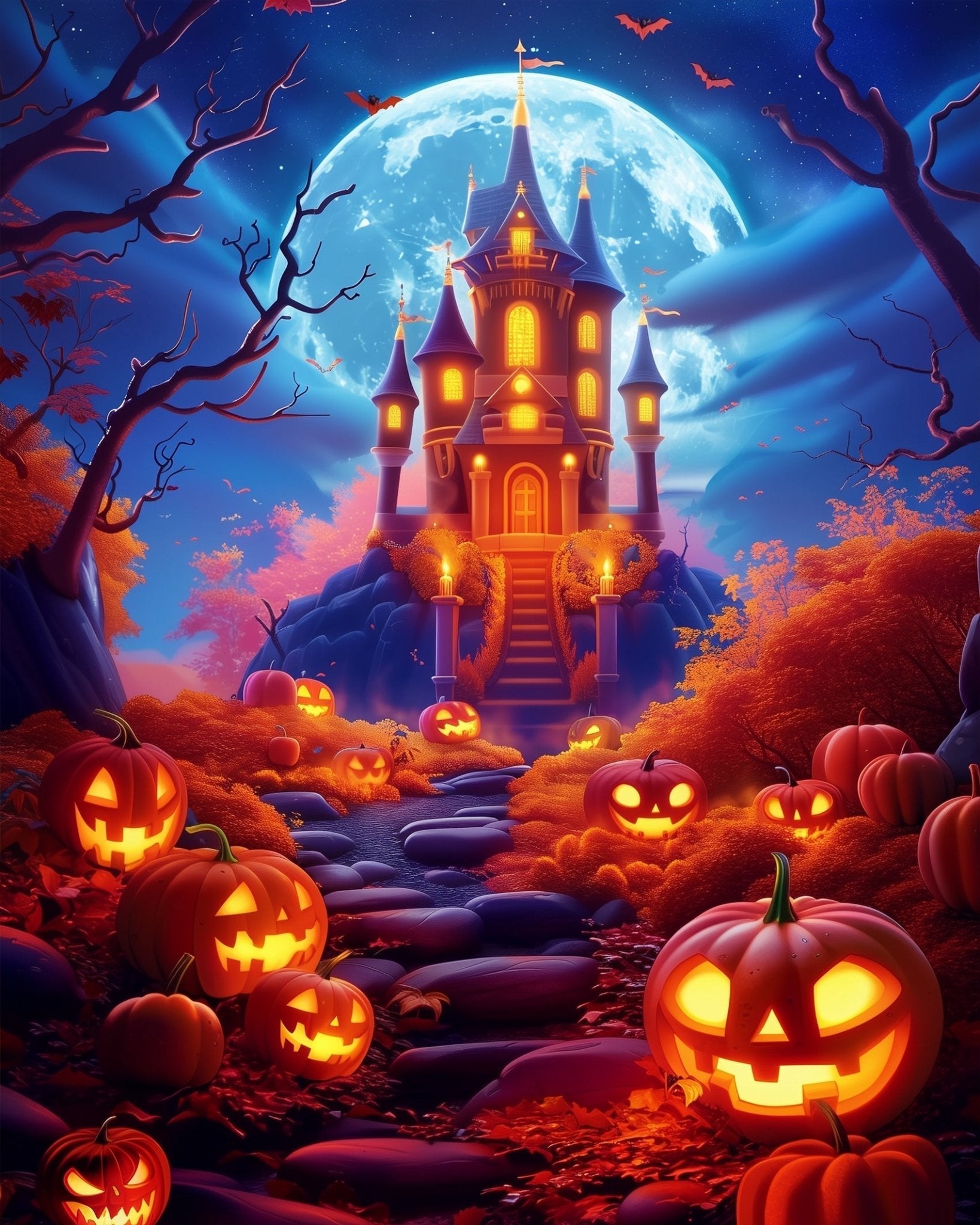 Haunted House Jack - o' - Lanterns - Halloween - BestPaintByNumbers - Paint by Numbers Custom Kit