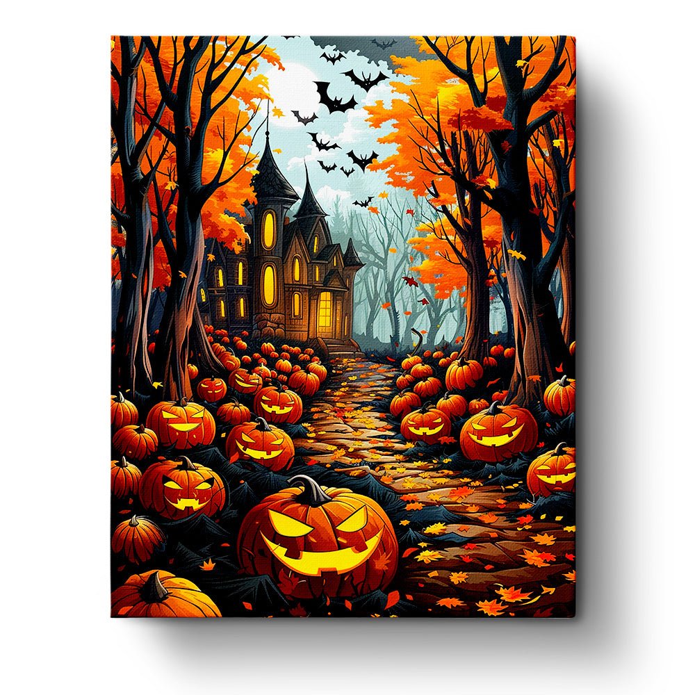 Fixed paint by numbers, 24 colors, 16x20in. Spooky pumpkin path for a mindful Halloween activity.