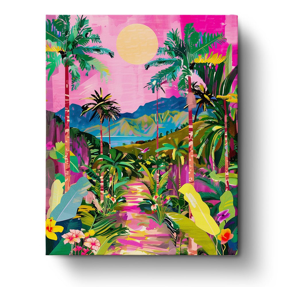 Fixed kit, 24 colors, 16x20in. Bright Hawaiian landscape with palms. A peaceful and joyful painting experience.