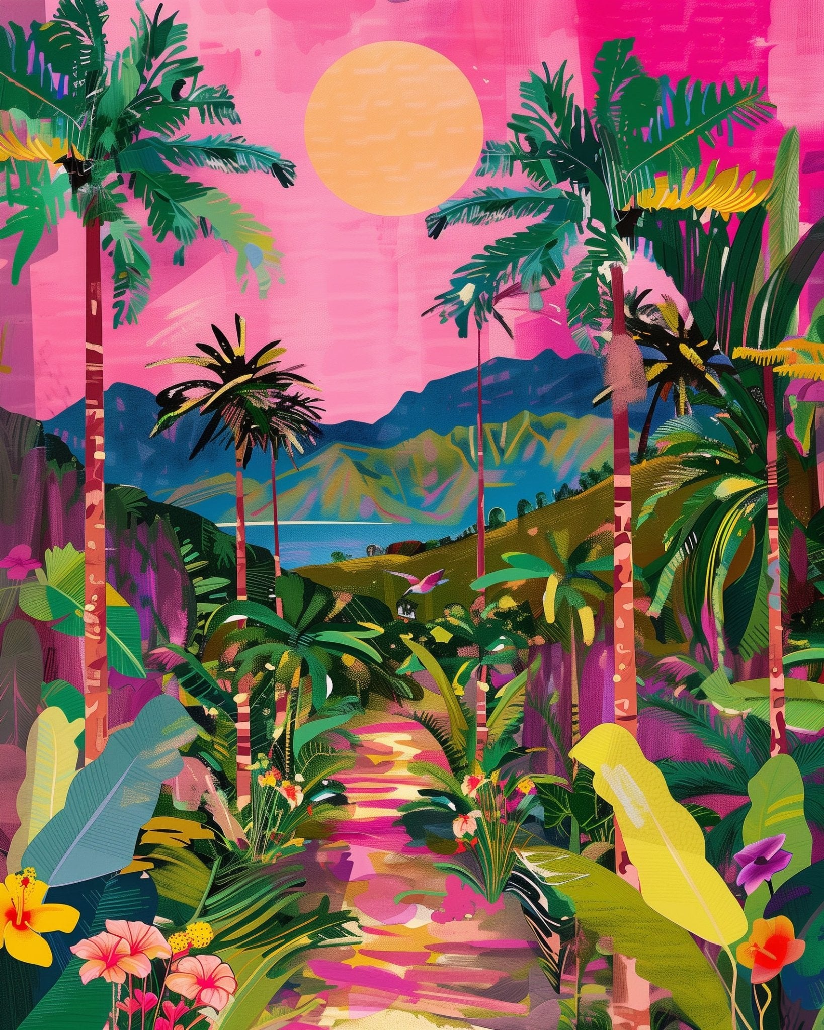 Tropical sunset, vibrant colors. Fixed paint by numbers kit for a relaxing artistic journey. Perfect for stress relief.