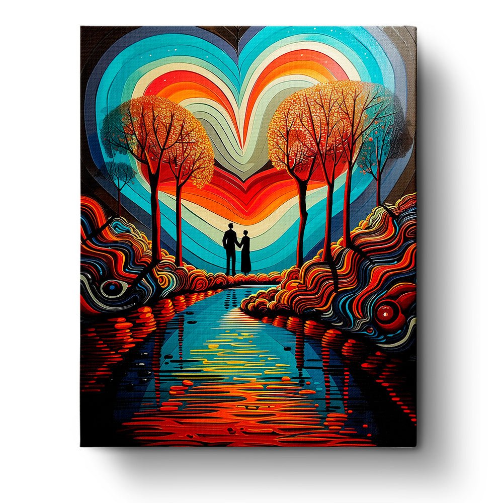 Fixed kit, 24 colors, 16x20in. Heart-shaped landscape with vibrant hues. Ideal for meditation and relaxation.