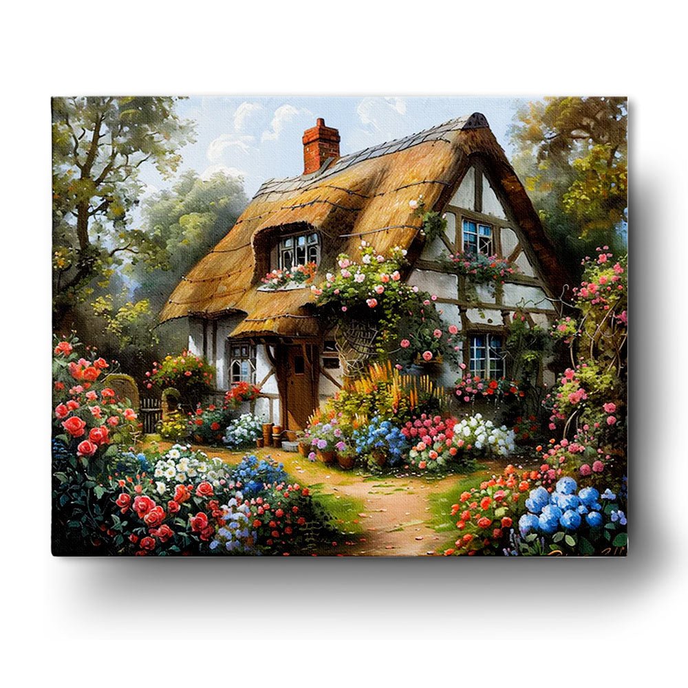 Fixed paint-by-number kit, 24 colors, 16x20in. Charming cottage with vibrant garden. Relaxing artistic activity.