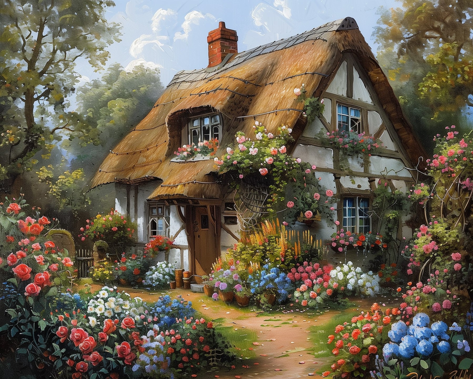 Fixed kit, 24 colors, 12x16in. Cozy cottage in colorful flowers. Ideal for mindfulness and stress relief.