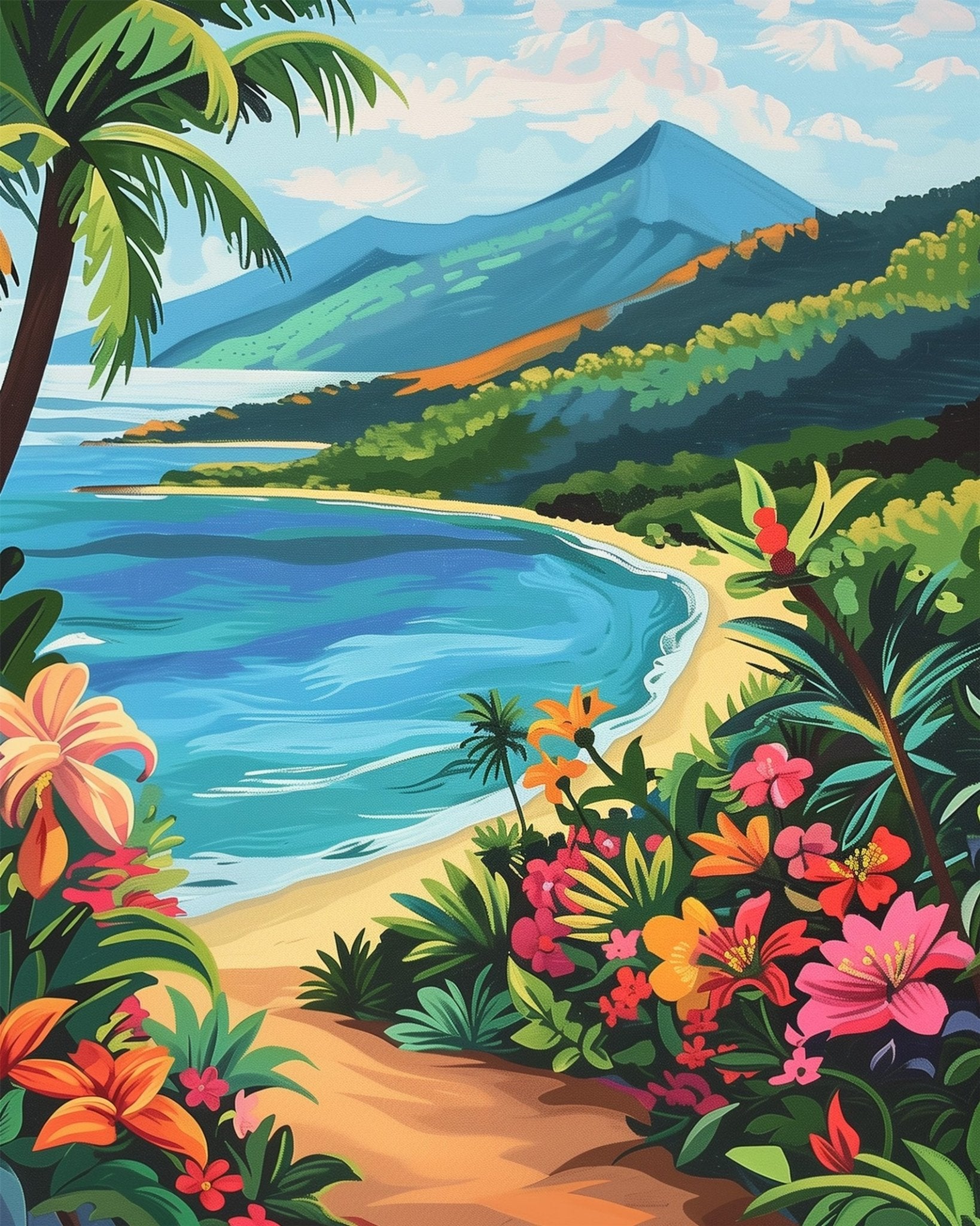 Fixed kit, 24 colors, 12x16in. Serene island beach and vibrant foliage. Ideal for a calming painting experience.