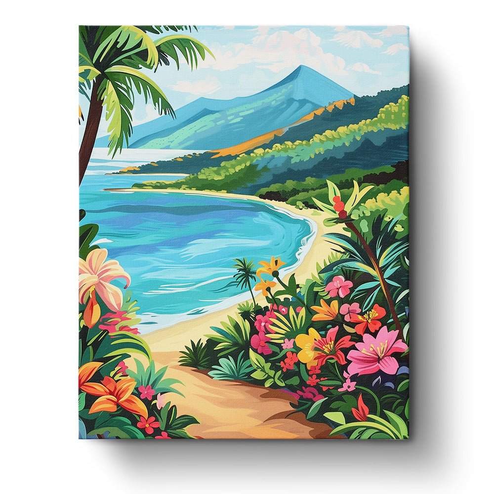 Fixed paint by number kit, 24 colors, 16x20in. Lush tropical island scene, peaceful for stress relief.