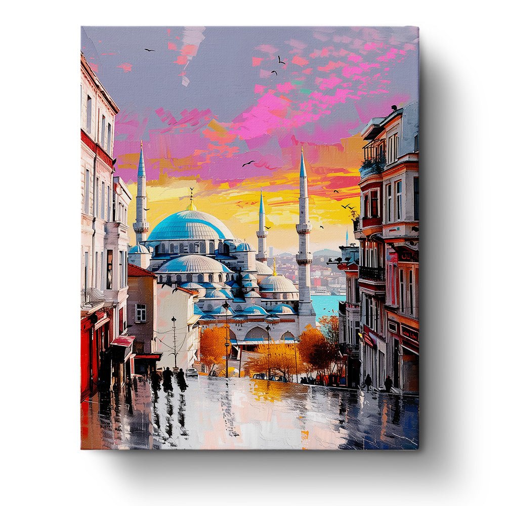 Fixed kit, 24 colors, 16x20in. Istanbul's Blue Mosque in vibrant sunset. Perfect for relaxation.