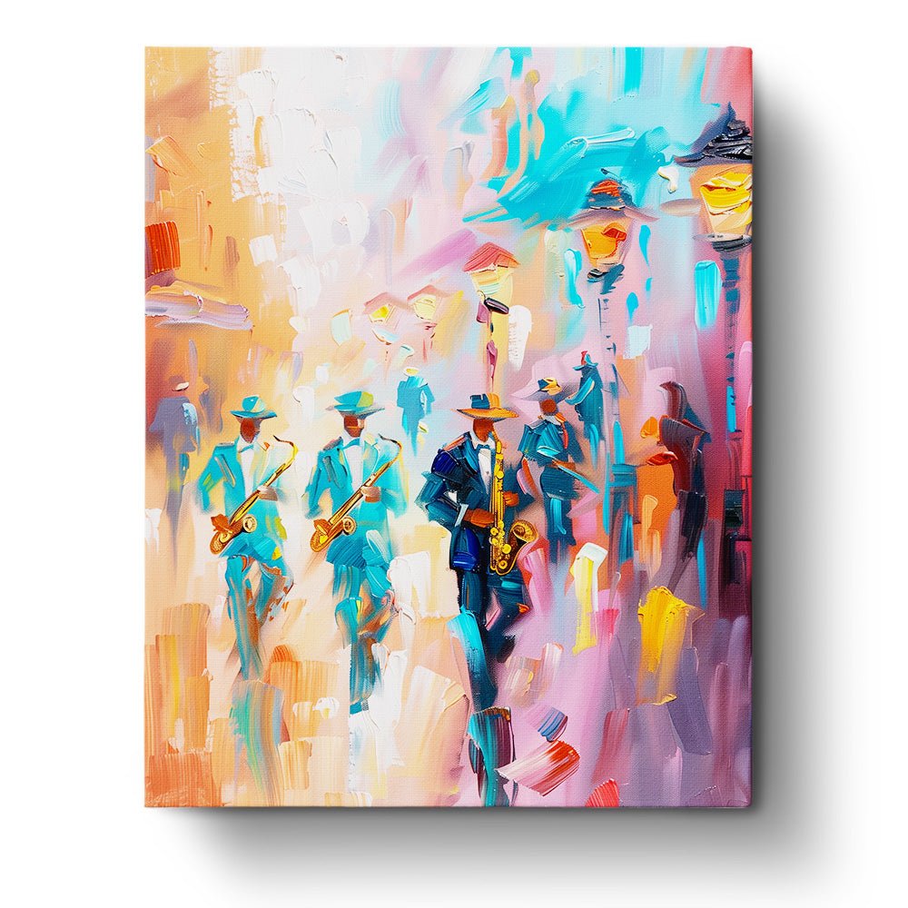 Fixed paint by numbers kit, 24 colors, 16x20in. Lively jazz musicians in vibrant strokes. Calm and creative relaxation.