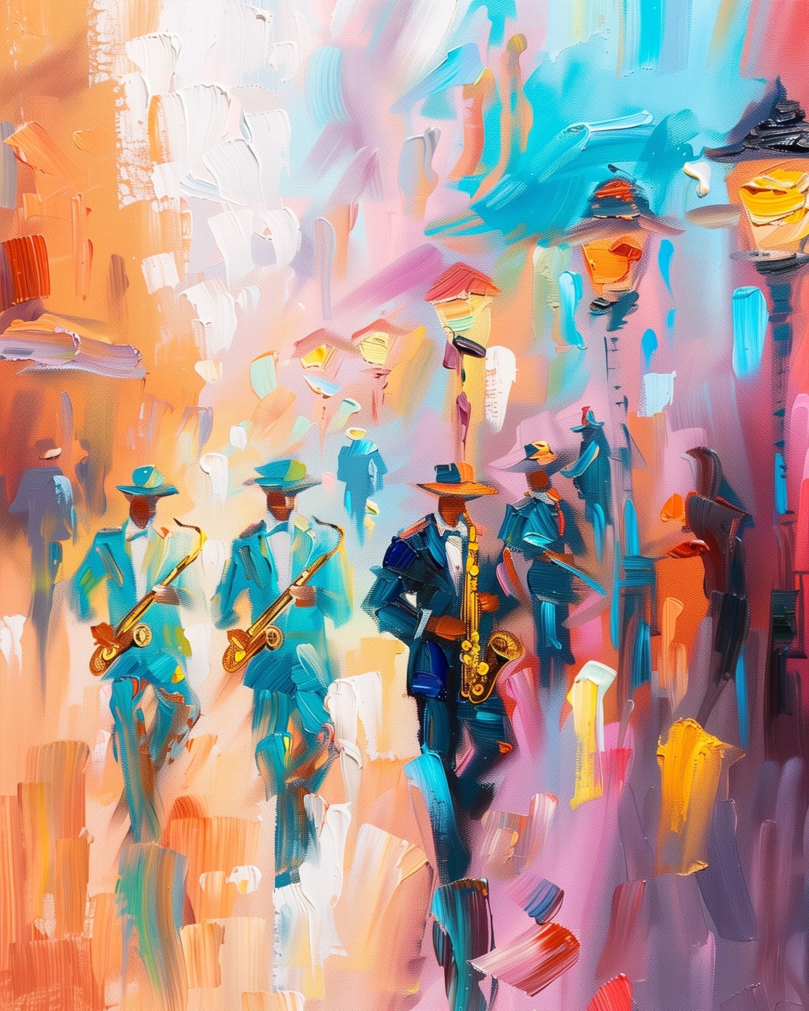 Fixed paint by numbers kit, 24 colors, 16x20in. Jazz scene with bold colors. Mindful and relaxing painting experience.