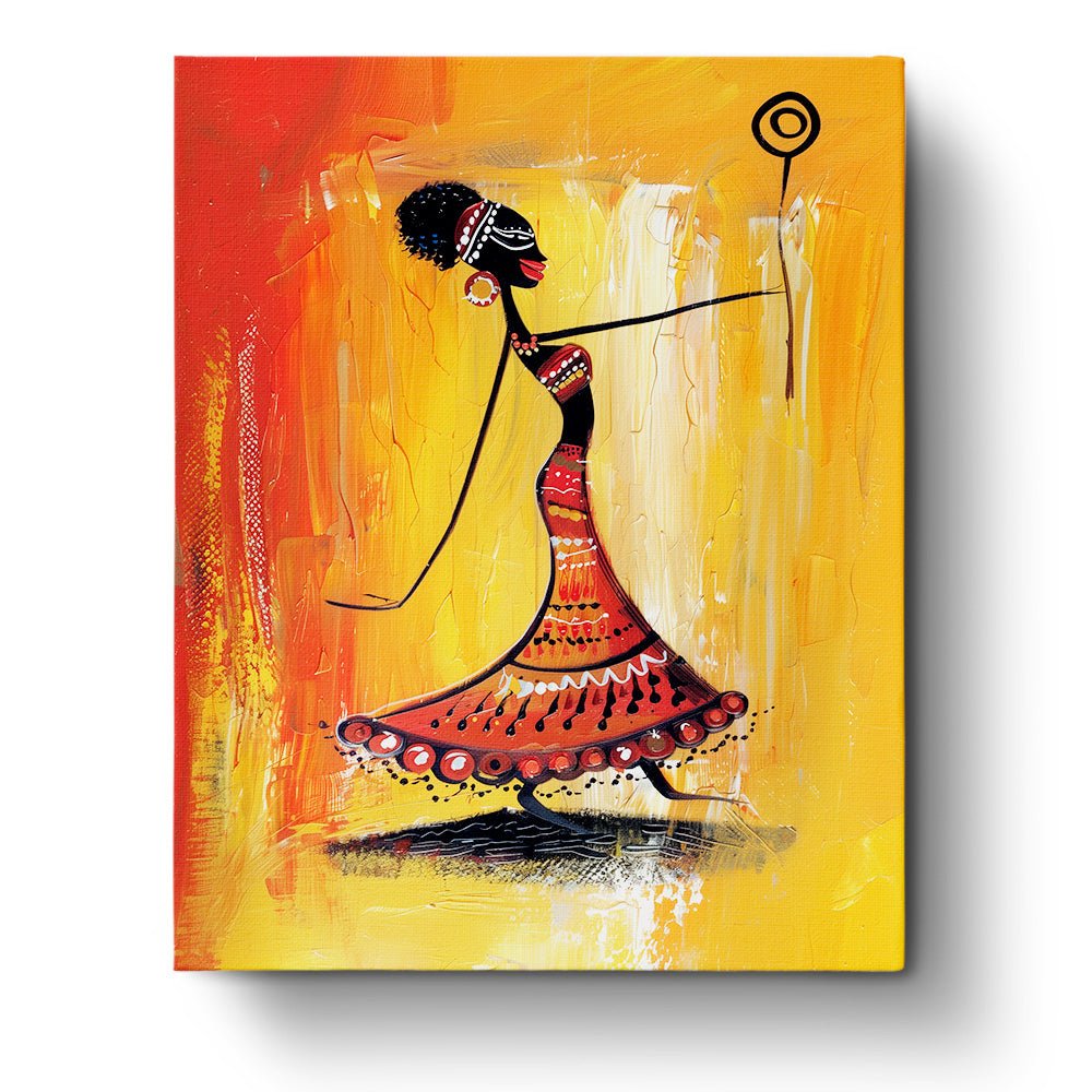 Fixed paint by numbers kit, 24 colors, 16x20in. Elegant African woman in vibrant tribal dress. Relax and unwind.