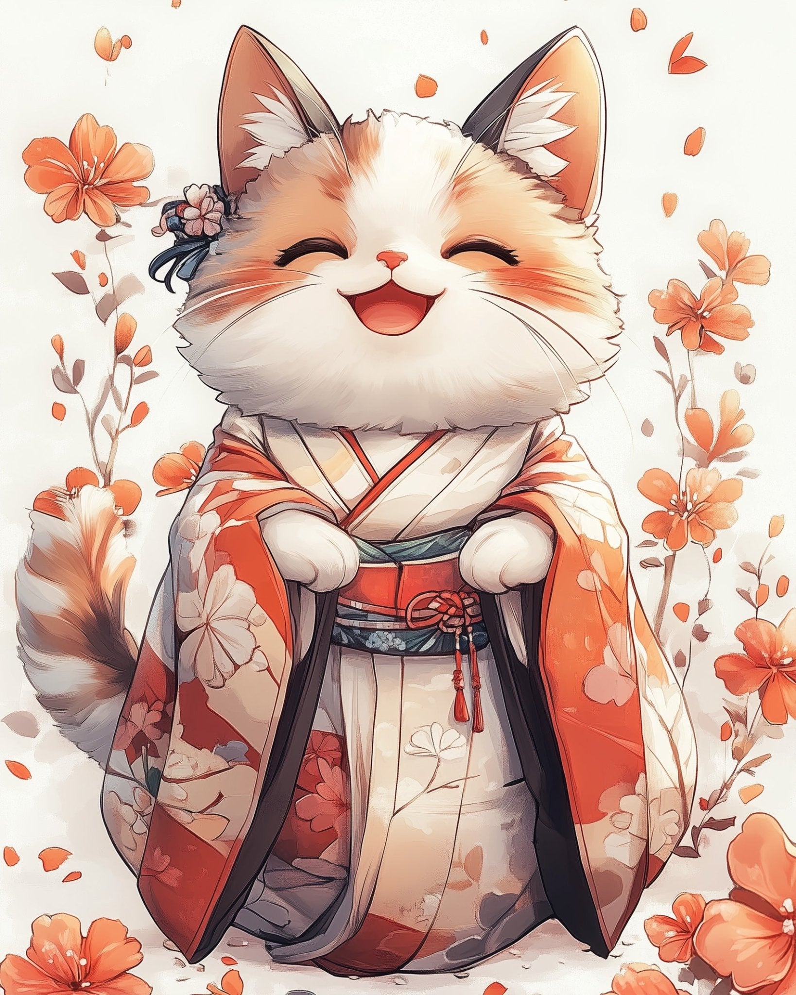 Joyful Cat in Kimono - Asian Art - BestPaintByNumbers - Paint by Numbers Custom Kit