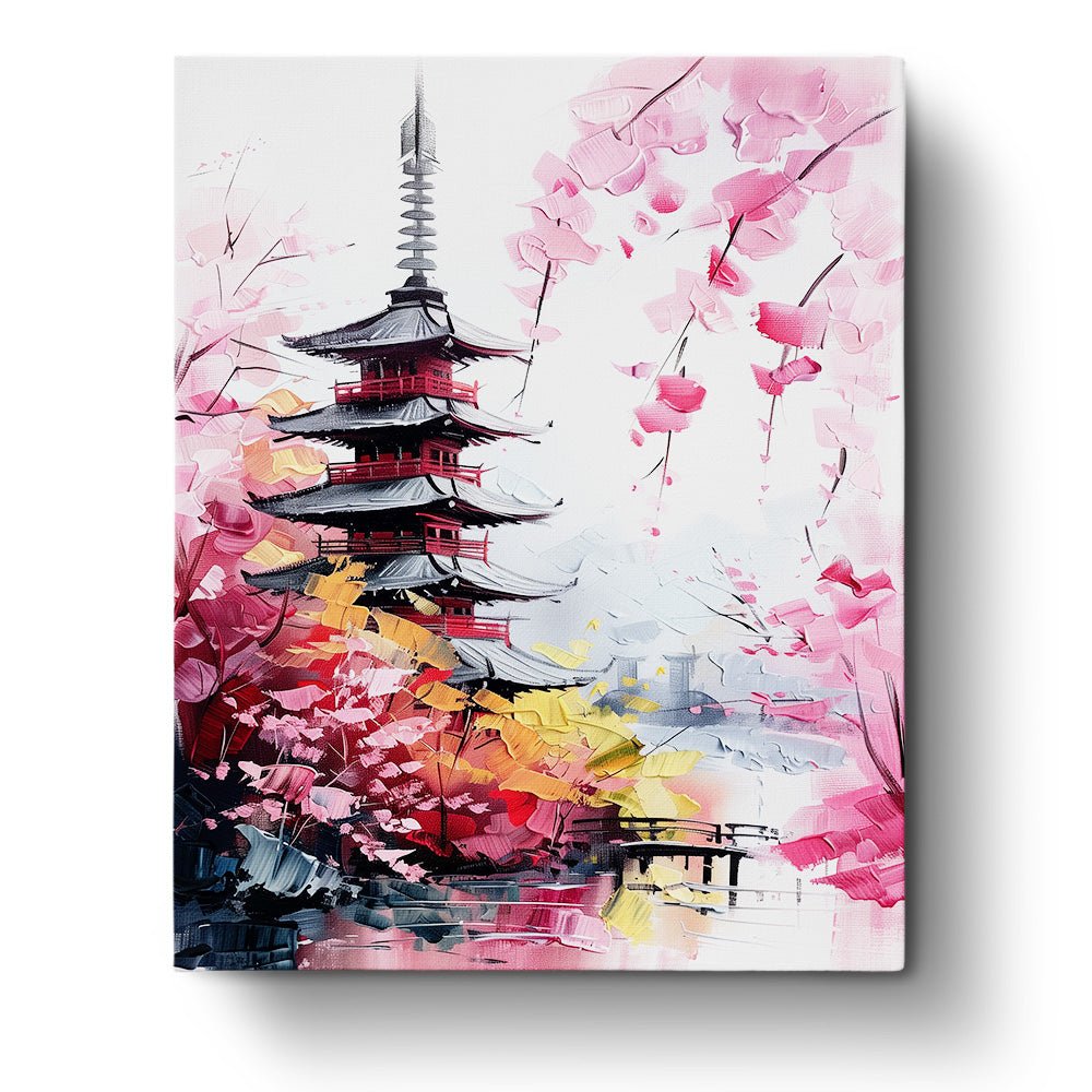Fixed kit, 24 colors, 16x20in. Kyoto temple with cherry blossoms. Enjoy mindful and relaxing painting.