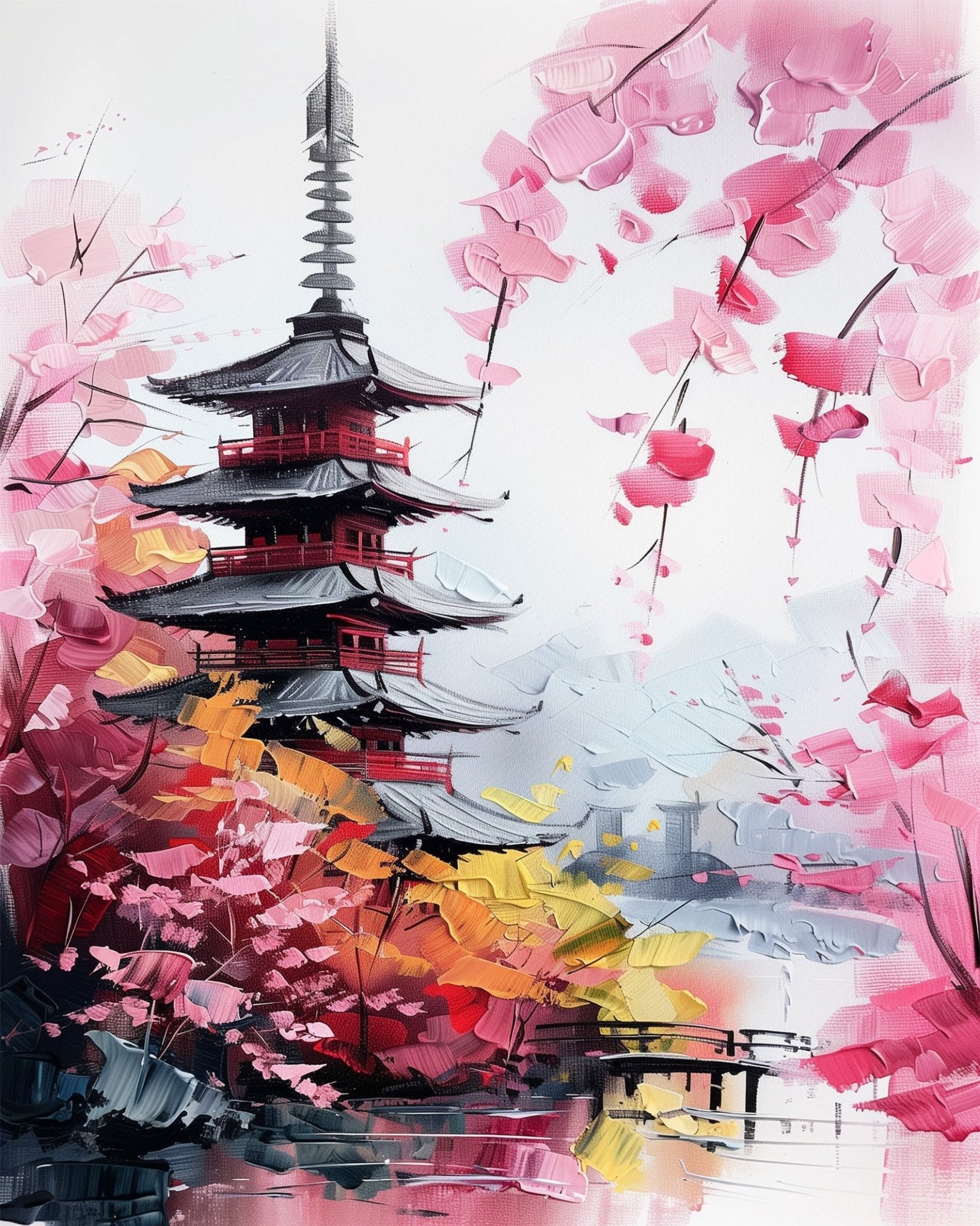 Fixed paint-by-number kit, 24 colors, 12x16in. Beautiful temple in vibrant cherry blossoms. Perfect for relaxation.