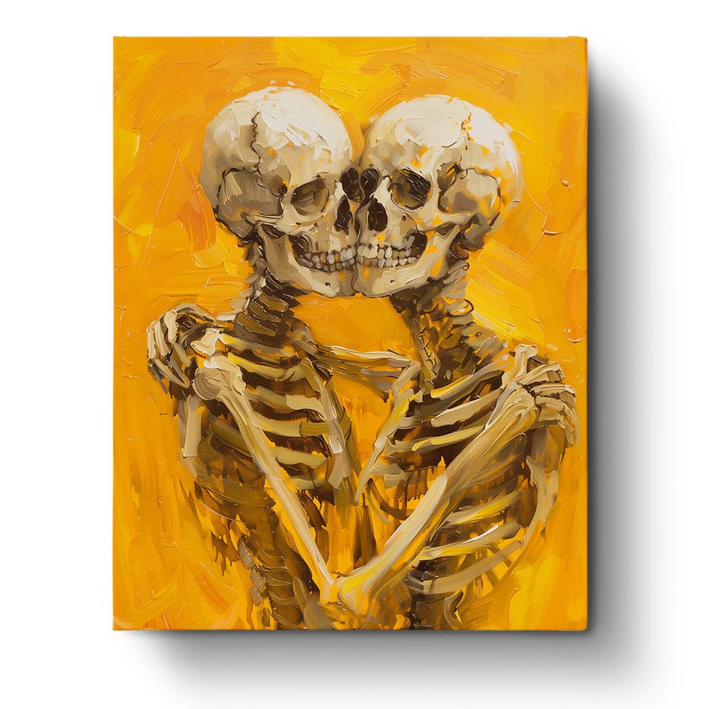 Fixed paint by numbers kit, 24 colors, 16x20in. Skeletons embracing in warm tones. Reflective, calming art project.