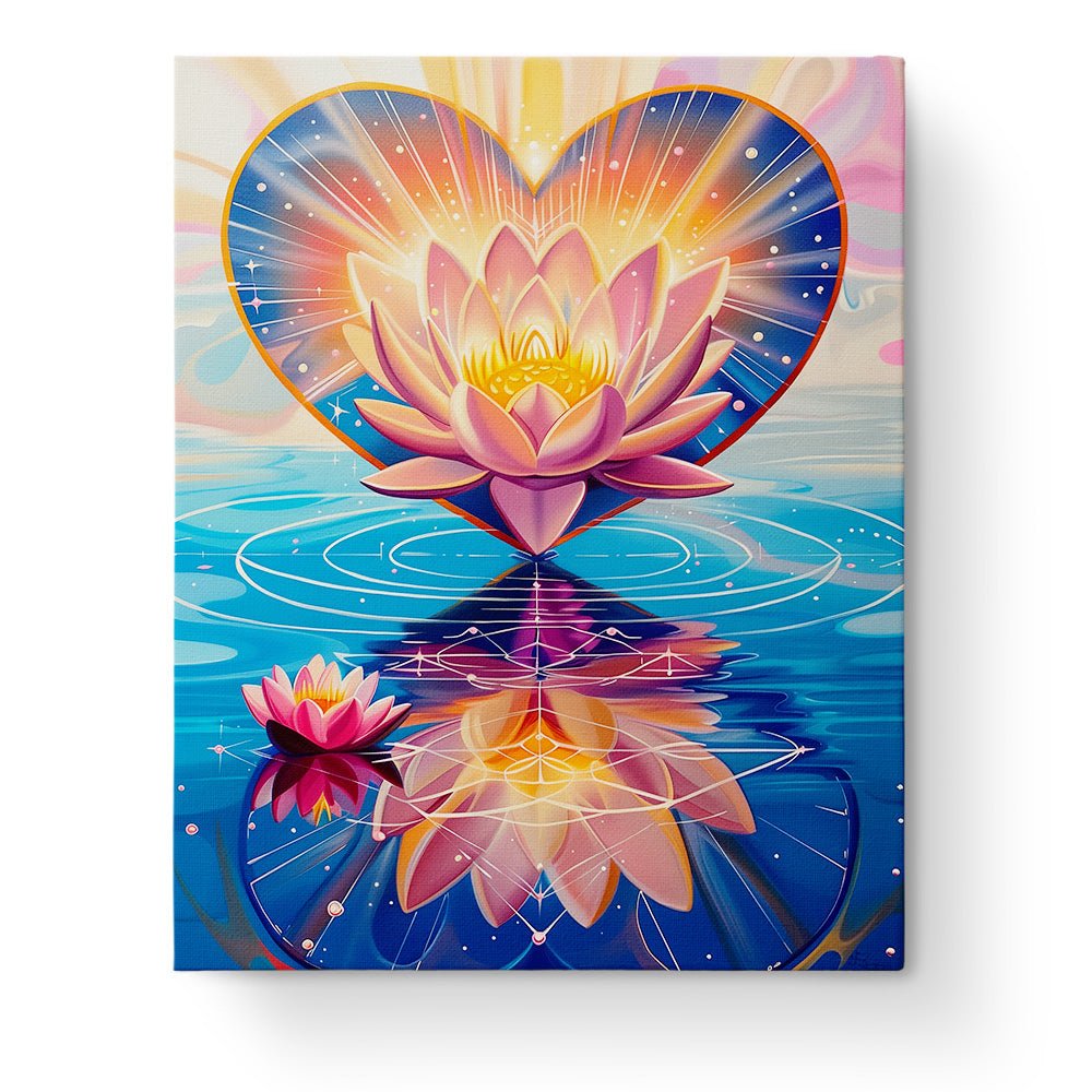 Fixed paint-by-number kit, 24 colors, 16x20in. Lotus heart with water reflections. Meditative and calming experience.