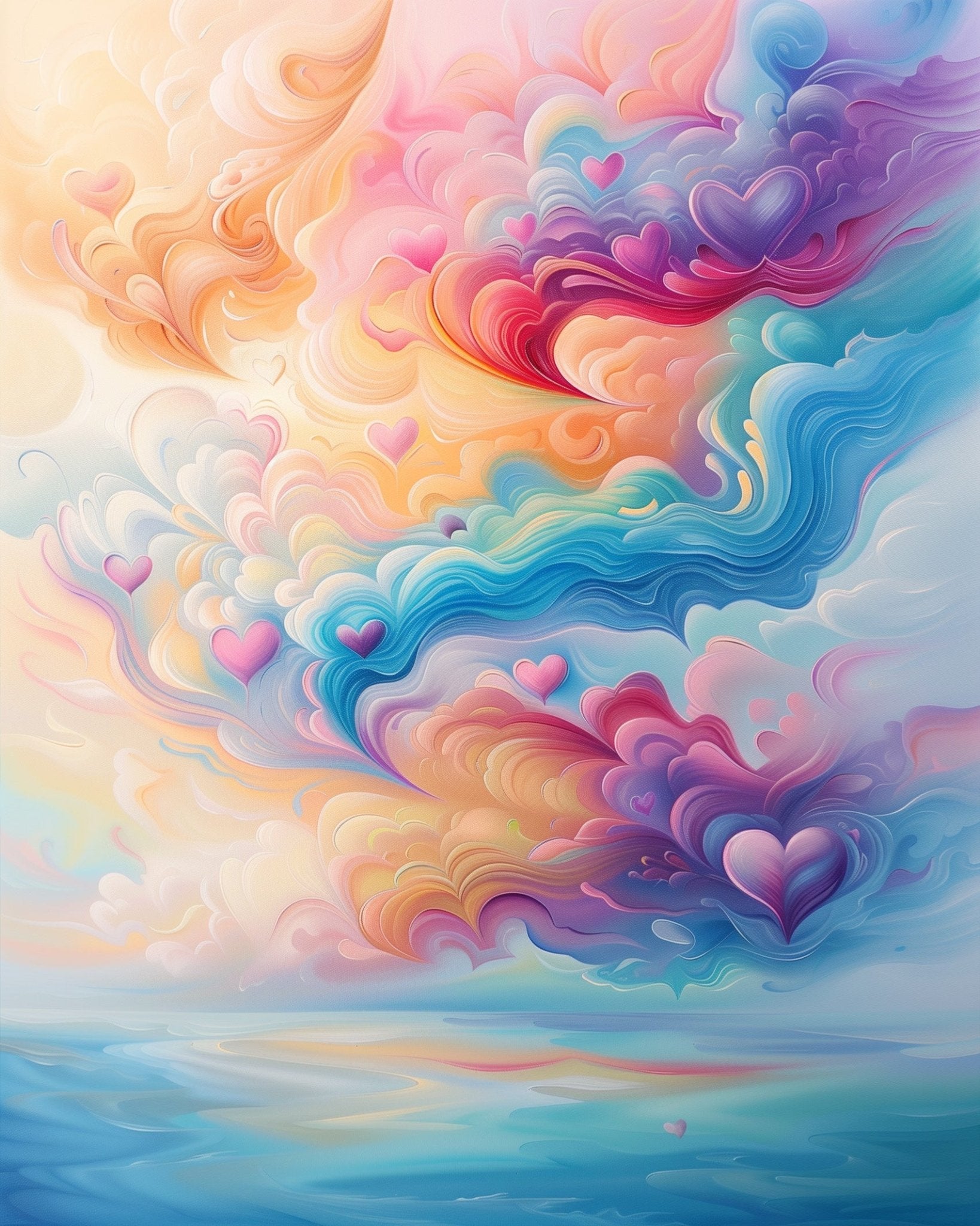 Fixed kit, 24 colors, 16x20in. Swirling heart clouds. Perfect for a calming and creative painting session.