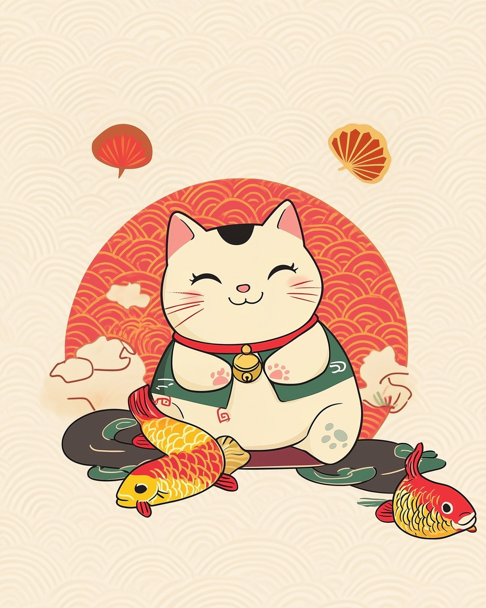 Lucky Cat with Koi Fish - Asian Art - BestPaintByNumbers - Paint by Numbers Custom Kit