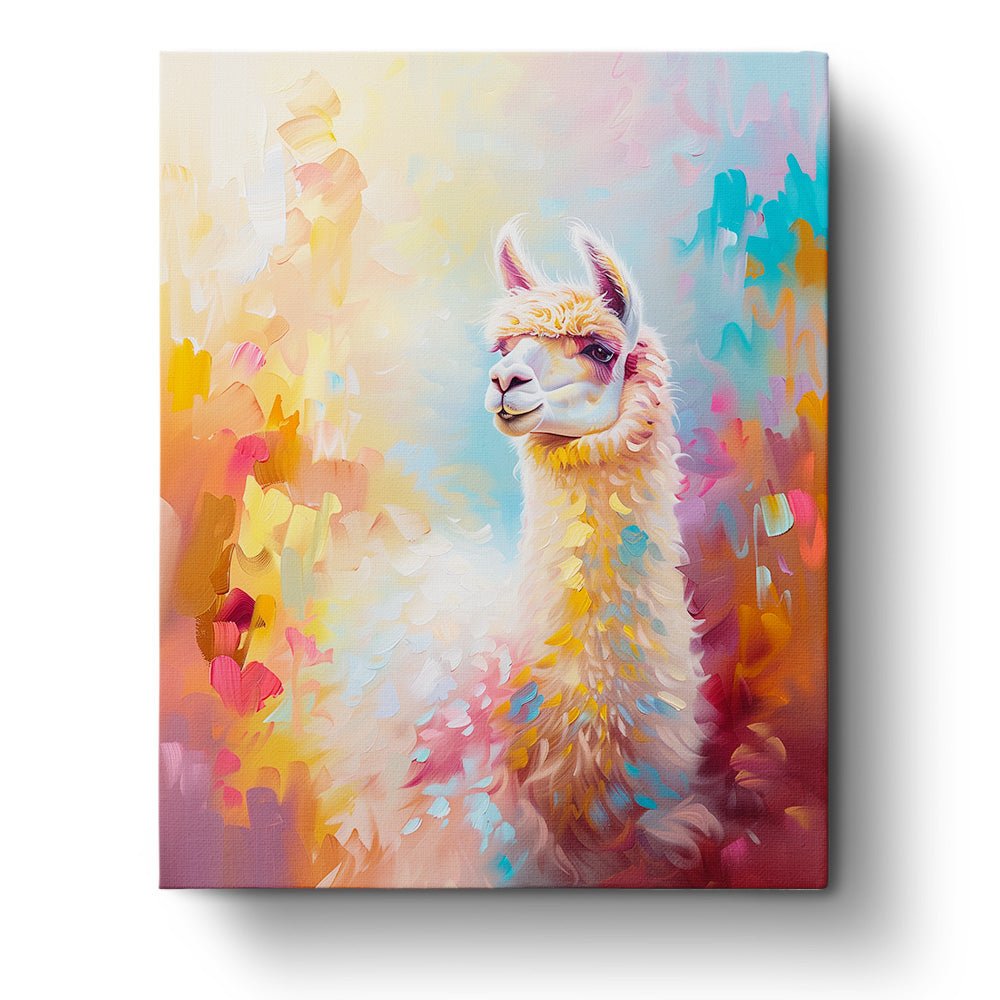 Fixed paint by numbers kit, 24 colors, 16x20in. Colorful llama portrait with bold strokes for relaxation.