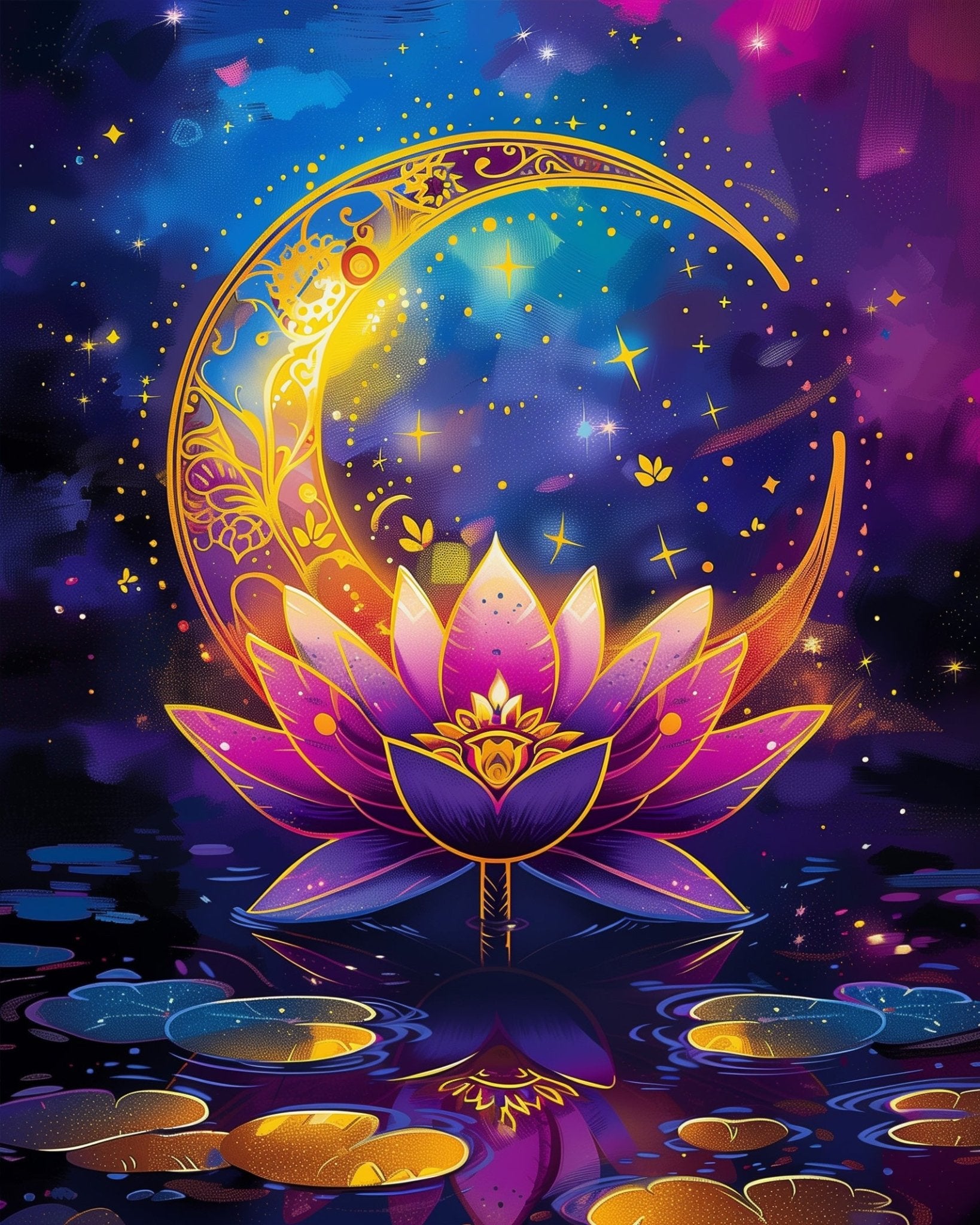 Fixed kit, 24 colors, 12x16in. Crescent moon and lotus in vibrant hues. Ideal for a relaxing painting experience.