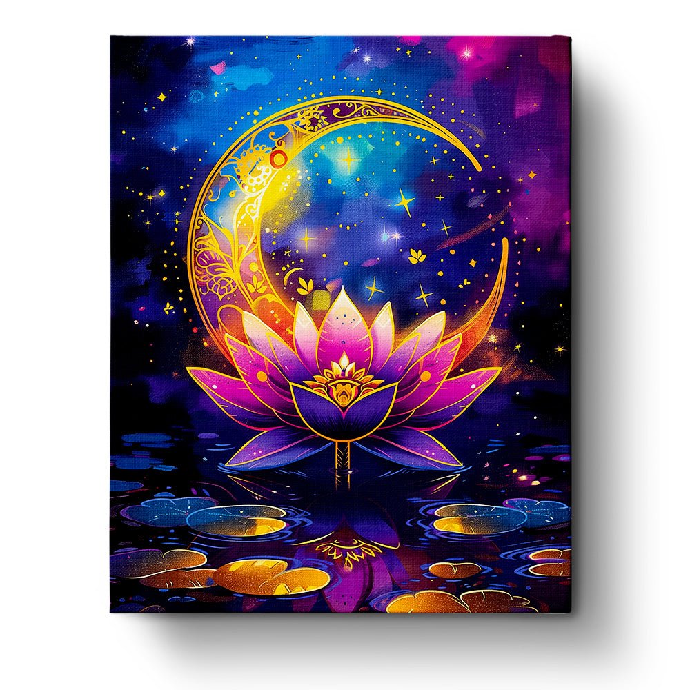 Fixed paint by numbers kit, 24 colors, 16x20in. Radiant moon and lotus. Perfect for meditation and stress relief.