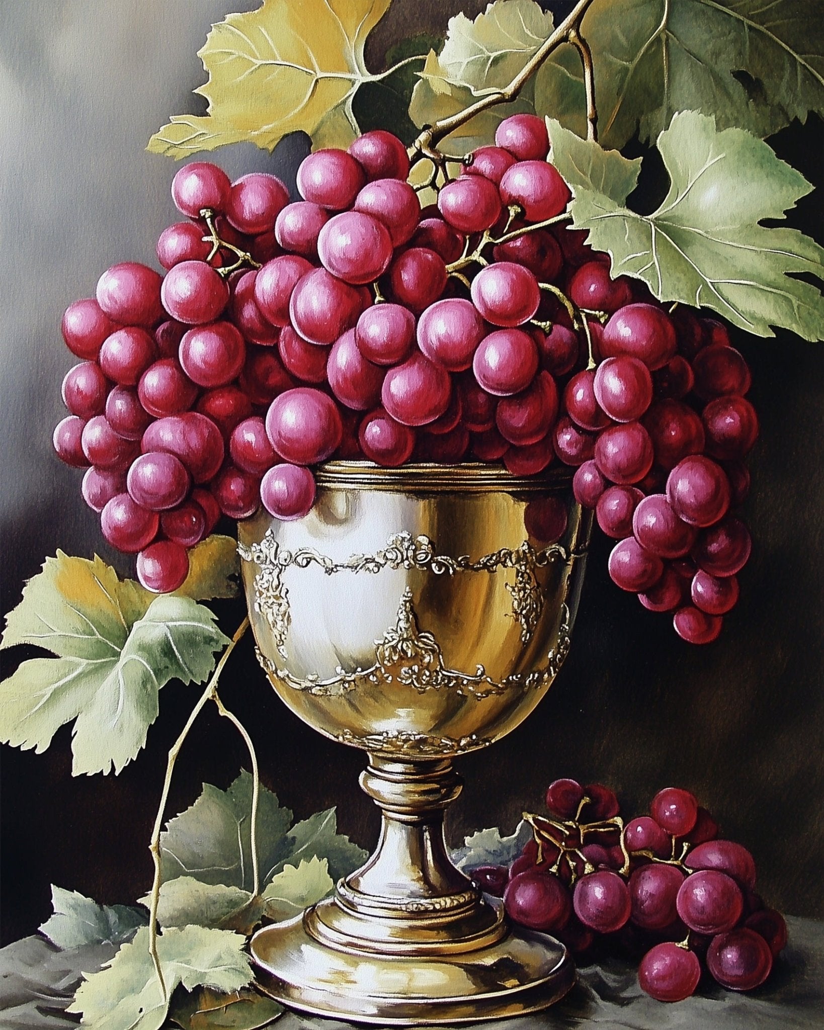Lush Grapes in Silver Chalice - Still Life - BestPaintByNumbers - Paint by Numbers Custom Kit