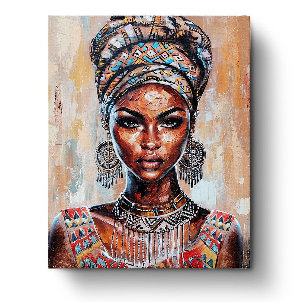 Fixed paint by numbers kit, 24 colors. Portrait of African queen with intricate tribal patterns. Stress-relief activity.