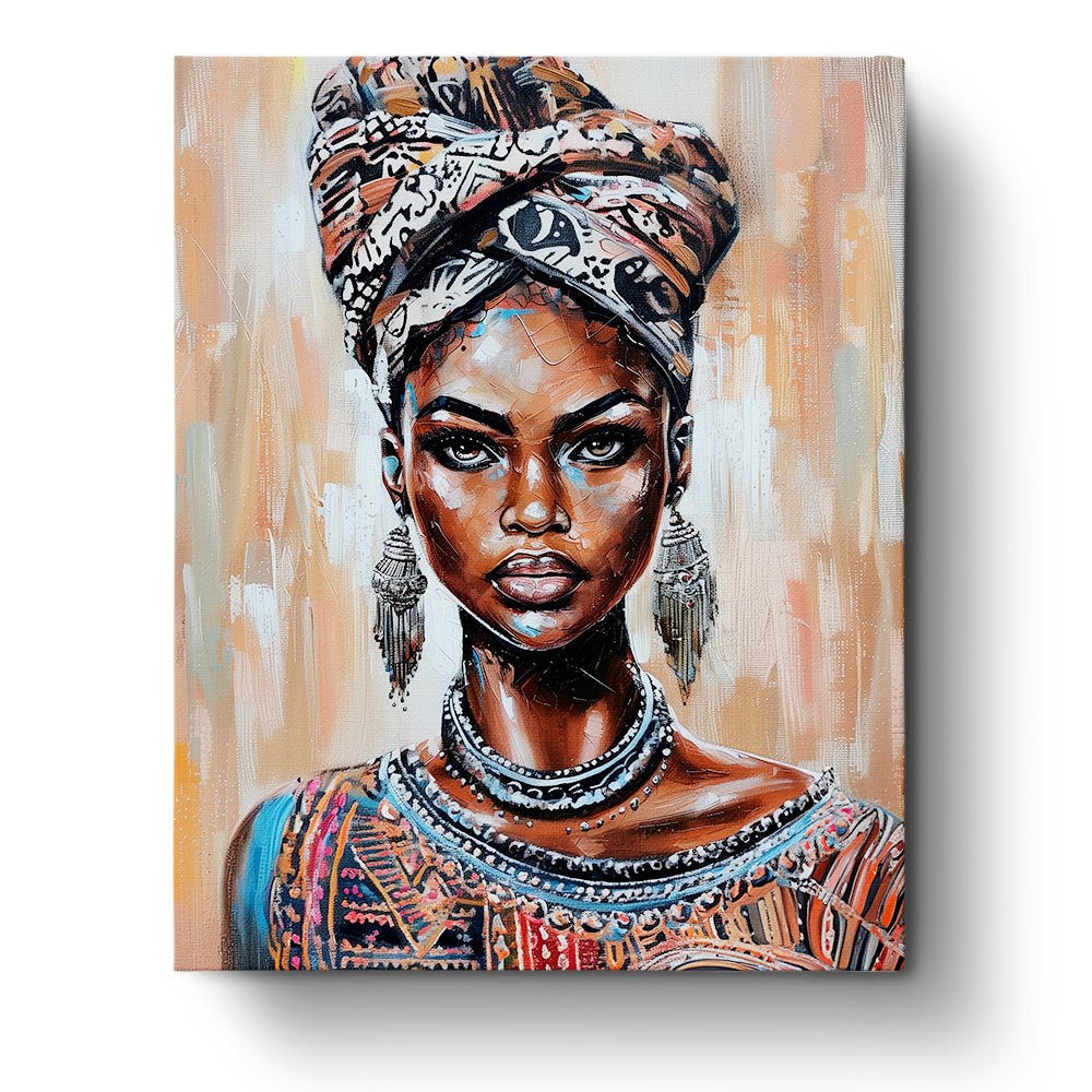 Fixed paint by numbers kit, 24 colors. Portrait of African woman. Intricate patterns, calming hobby.