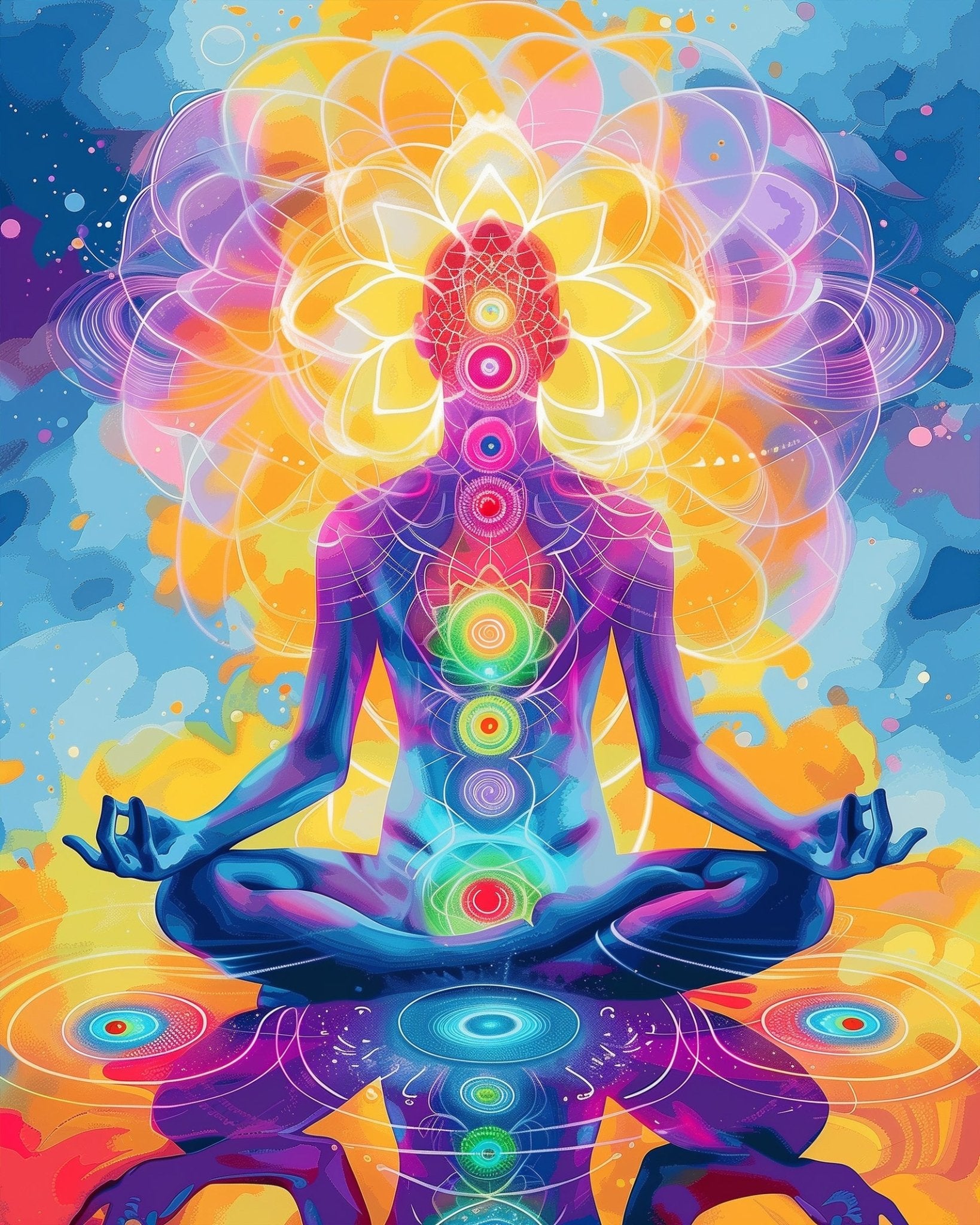 Chakra-themed fixed kit, 24 colors, 12x16in. Vibrant meditative scene for stress relief.