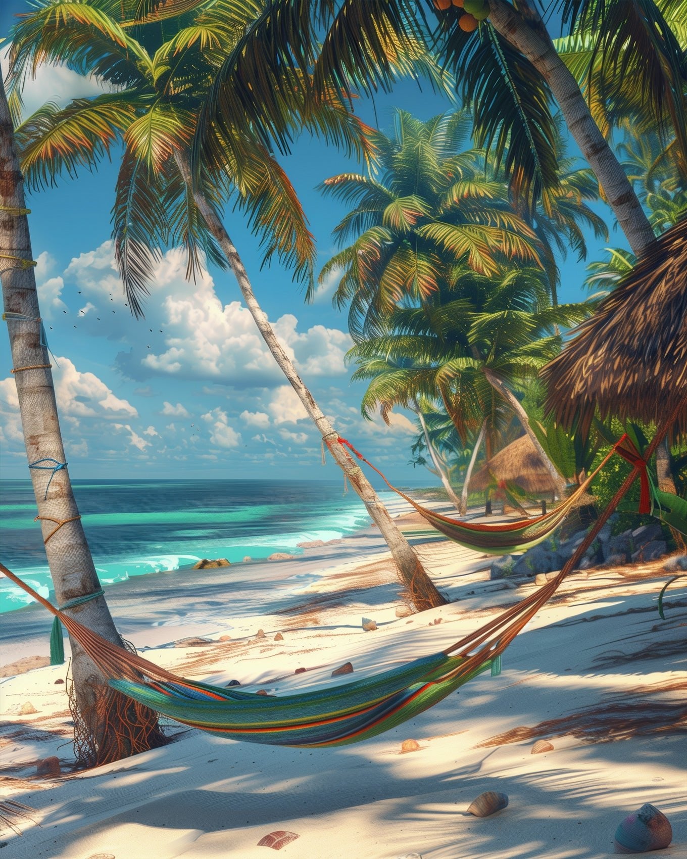 Fixed kit, 24 colors, 12x16in. Tropical beach scene with vibrant colors. Ideal for stress relief and creative relaxation.