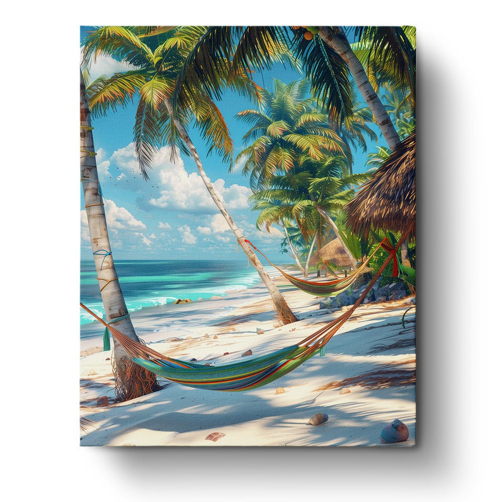 Fixed paint by numbers, 24 colors, 16x20in. Serene beach with hammocks and palm trees. Perfect for relaxation.