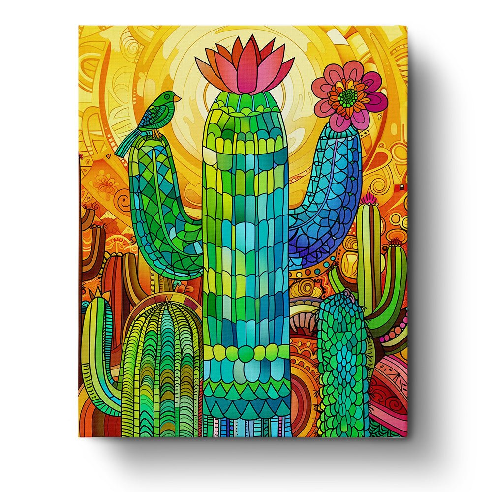 Fixed paint by numbers kit, 24 colors, 12x16in. Vivid cactus design with intricate details, perfect for stress relief.