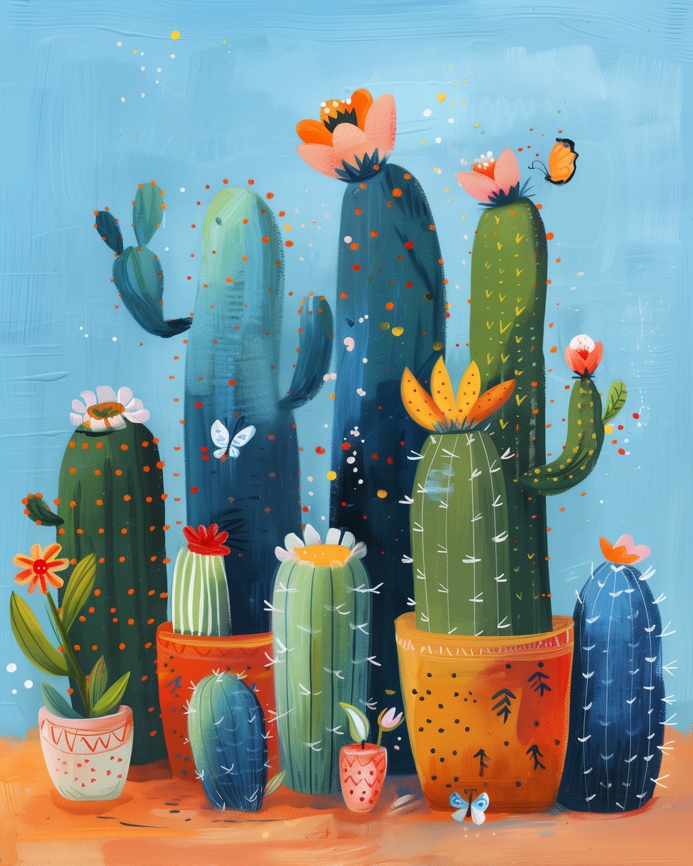 Fixed kit, 24 colors, 16x20in. Vibrant cacti with flowers. Perfect for stress relief and creativity boost.