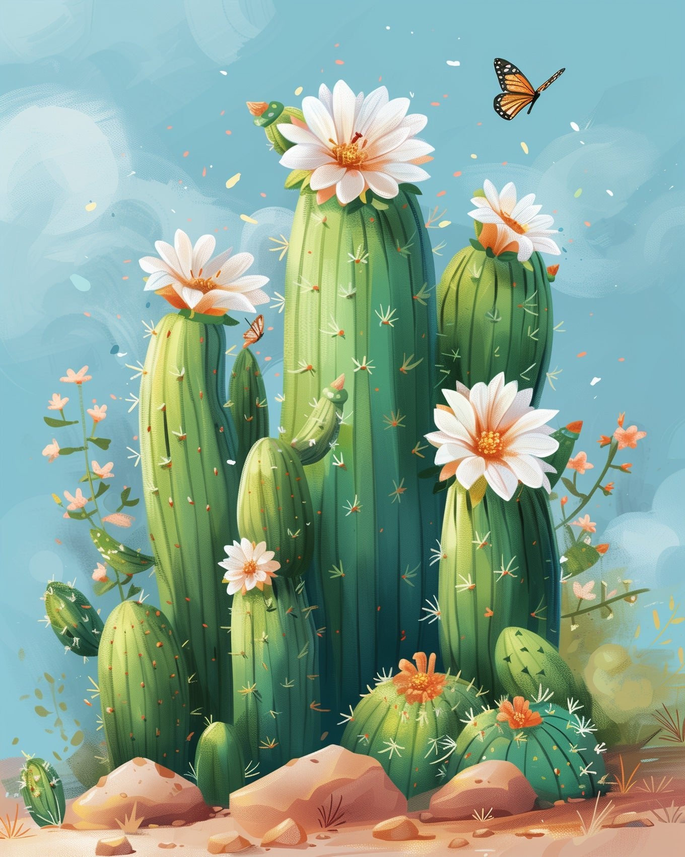 Fixed kit, 24 colors, 12x16in. Serene cactus scene with flowers. Ideal for stress relief and creative mindfulness.