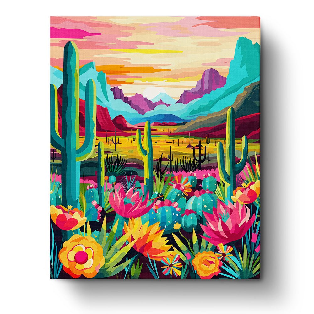 Fixed paint by numbers kit, 24 colors, 12x16in. Colorful cactus landscape with bold strokes. Enhance creativity and unwind.