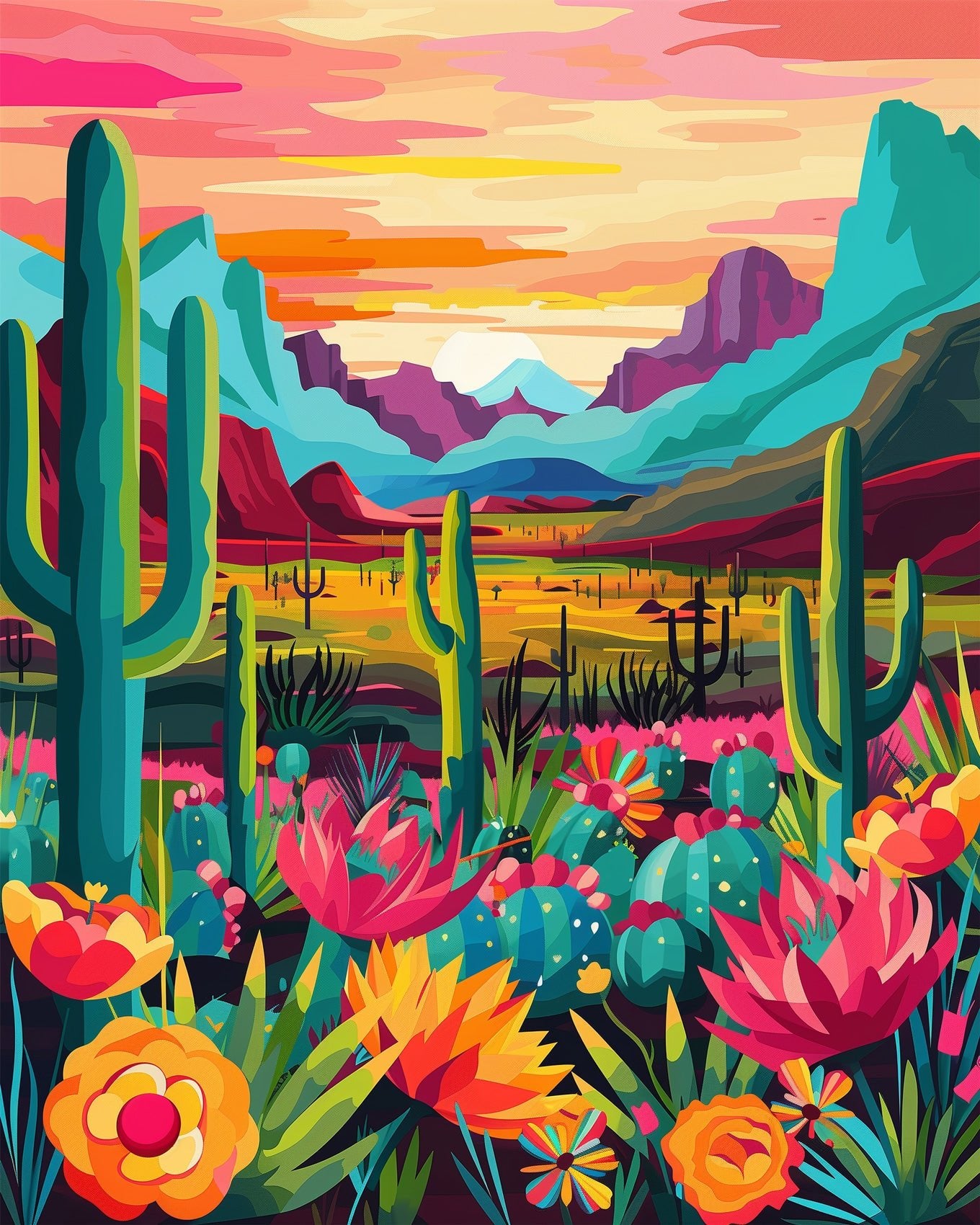 Fixed kit, 24 colors, 16x20in. Lively desert scene with vibrant cacti. Perfect for stress relief and artistic expression.