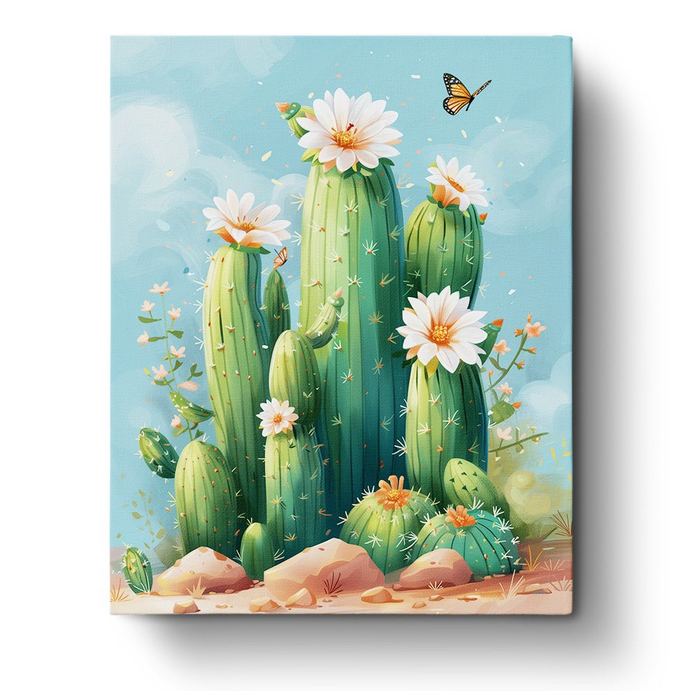 Fixed paint by numbers kit, 24 colors, 16x20in. Lush cactus with flowers and butterfly in vibrant colors.