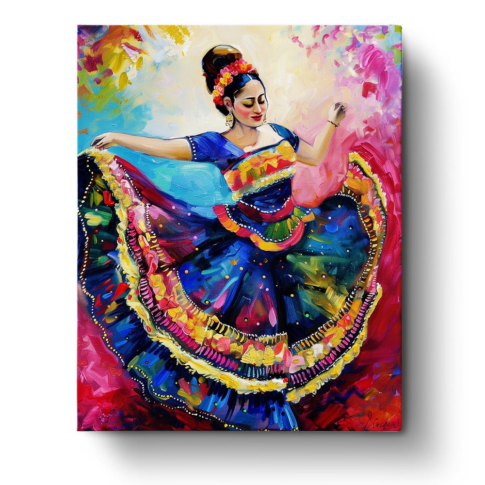 Fixed paint by numbers kit, 24 colors, 16x20in. Colorful Mexican dancer in vibrant dress. Enjoy a creative experience.