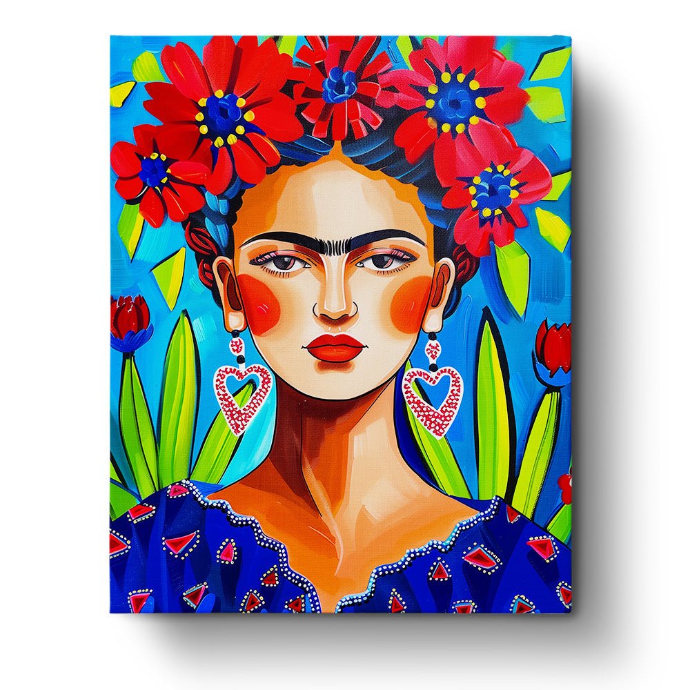 Fixed kit, 24 colors, 16x20in. Frida Kahlo portrait with vibrant flowers. A serene artistic activity.
