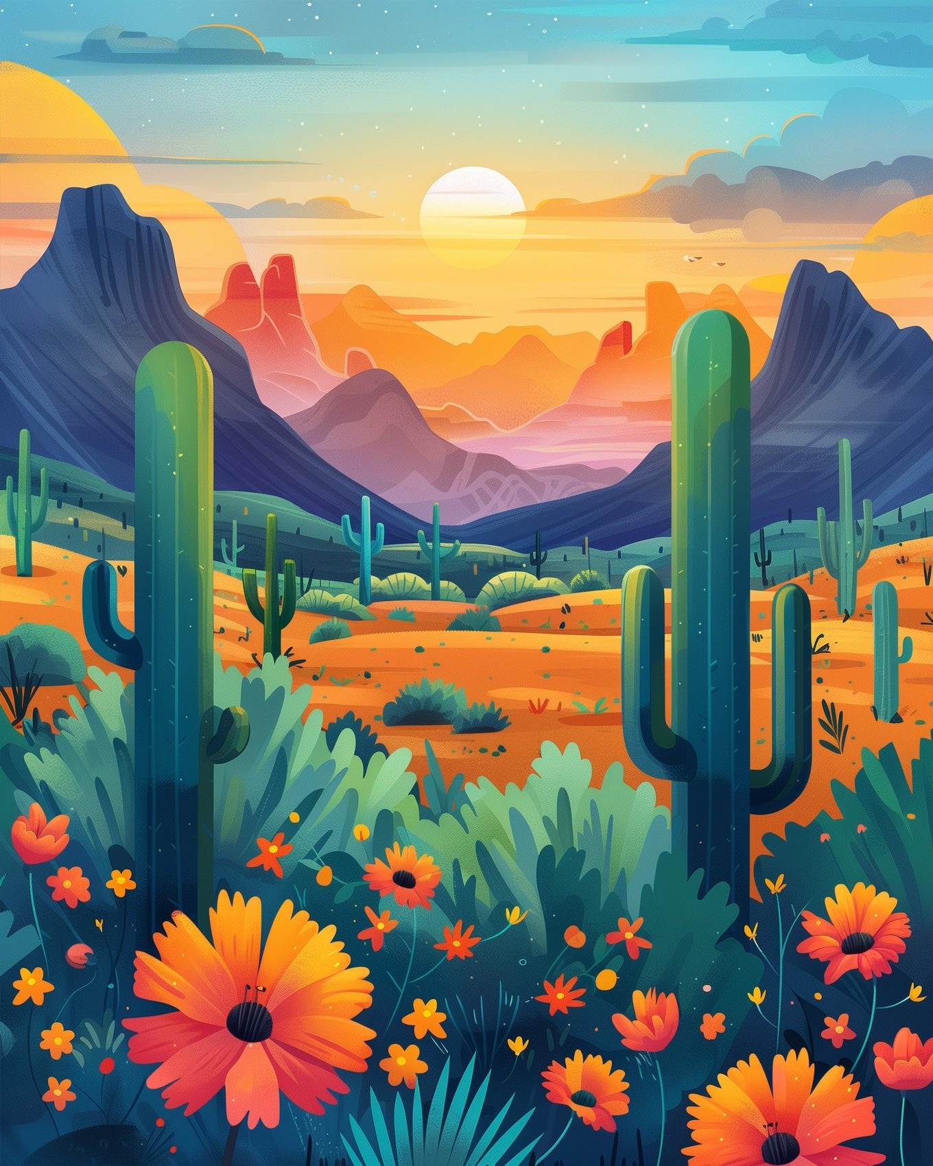 Fixed paint by numbers kit, 24 colors, 12x16in. Desert sunset with mountains and cacti. Perfect for relaxation and creativity.