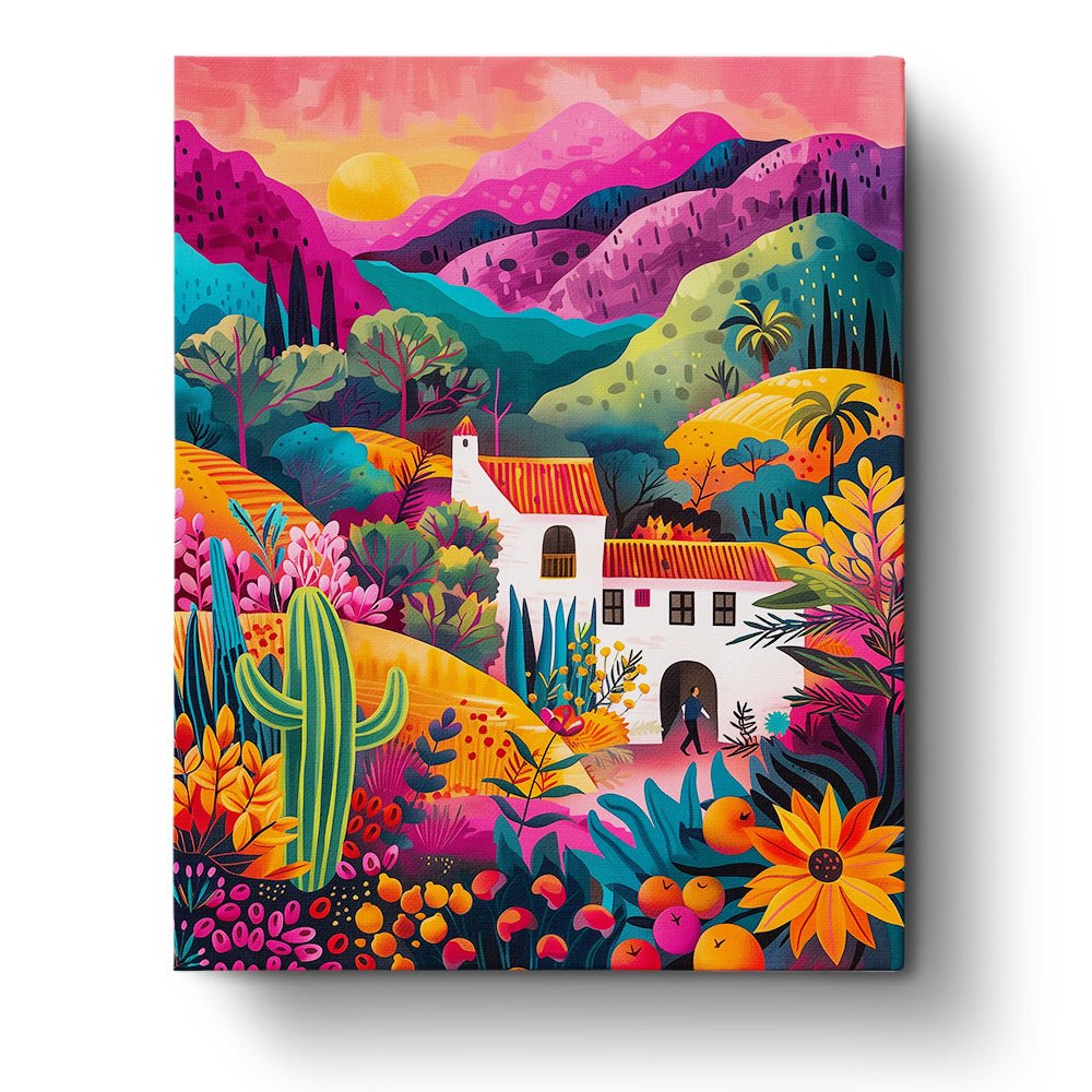 Fixed kit, 24 colors, 16x20in. Lush Mexican landscape with bright colors for mindful painting.