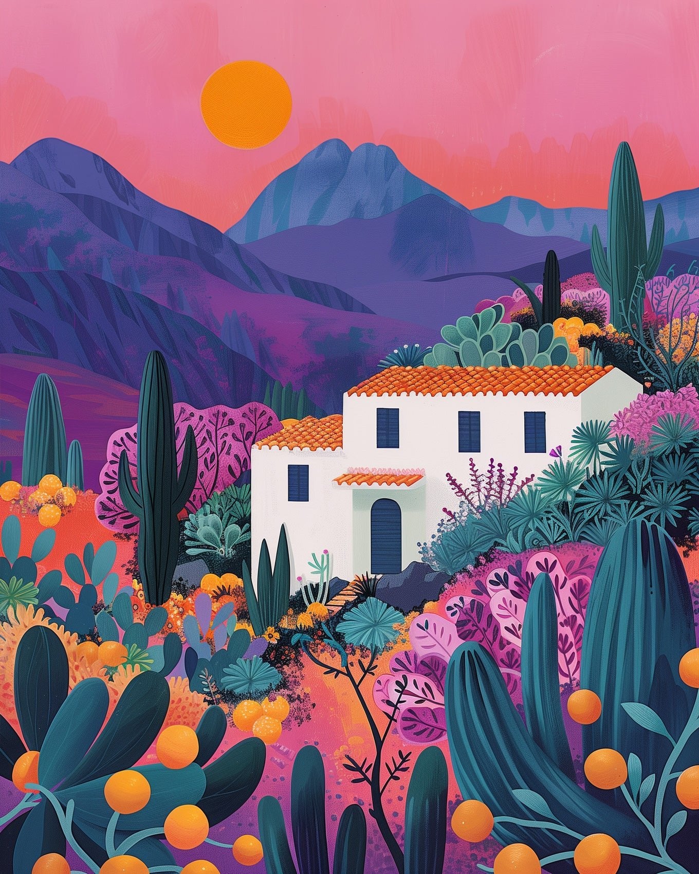 Fixed kit, 24 colors, 12x16in. Serene Mexican house scene with vibrant plants. Perfect for a meditative experience.