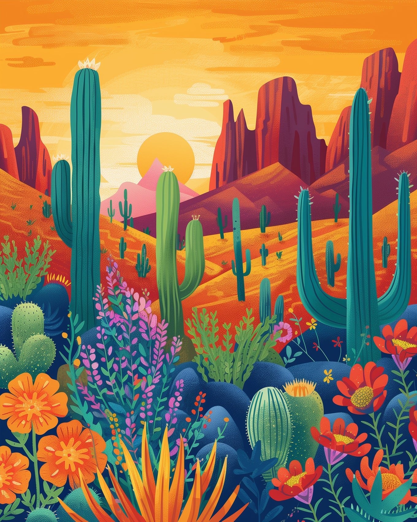 Fixed paint by numbers kit, 24 colors, 16x20in. Mexican desert scene with vibrant tones. Perfect stress relief.